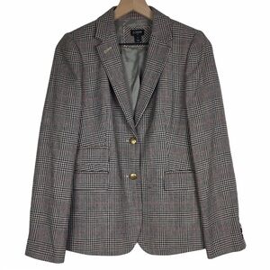 J CREW Jacket Blazer Wool Glen Plaid Houndstooth Check Brown Beige Red Size 8